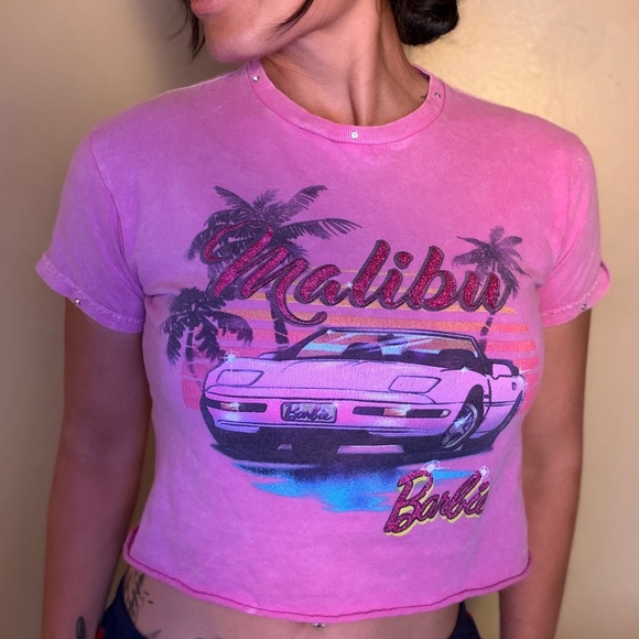 Barbie Tops - Barbie Pink Glitter Malibu Vintage Crop Tee - I added rhinestones to fix a hole